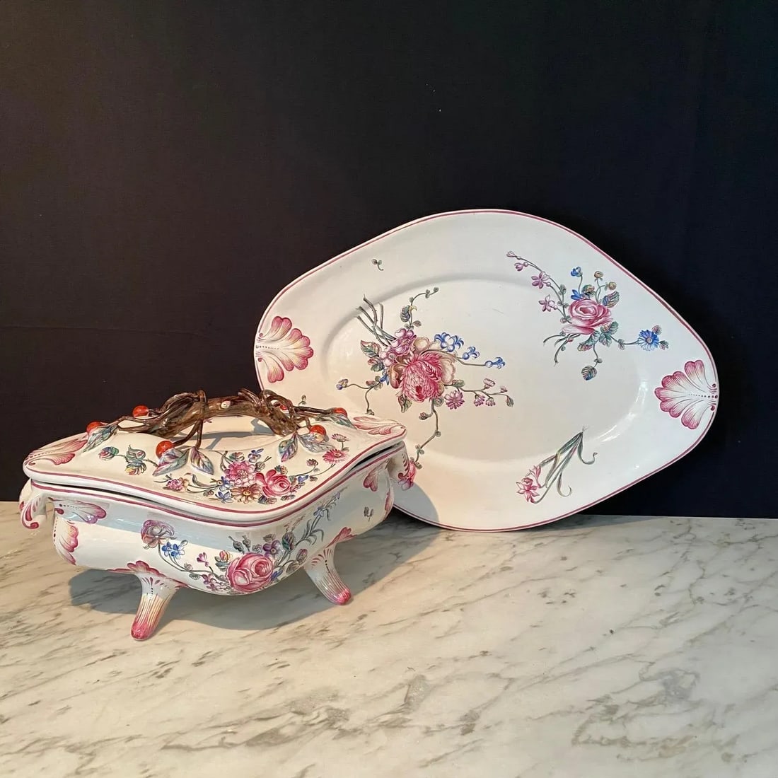 French Porcelain Barbotine Faience Majolica Jardiniere or Tureen and Platter -Set of 2 - 13