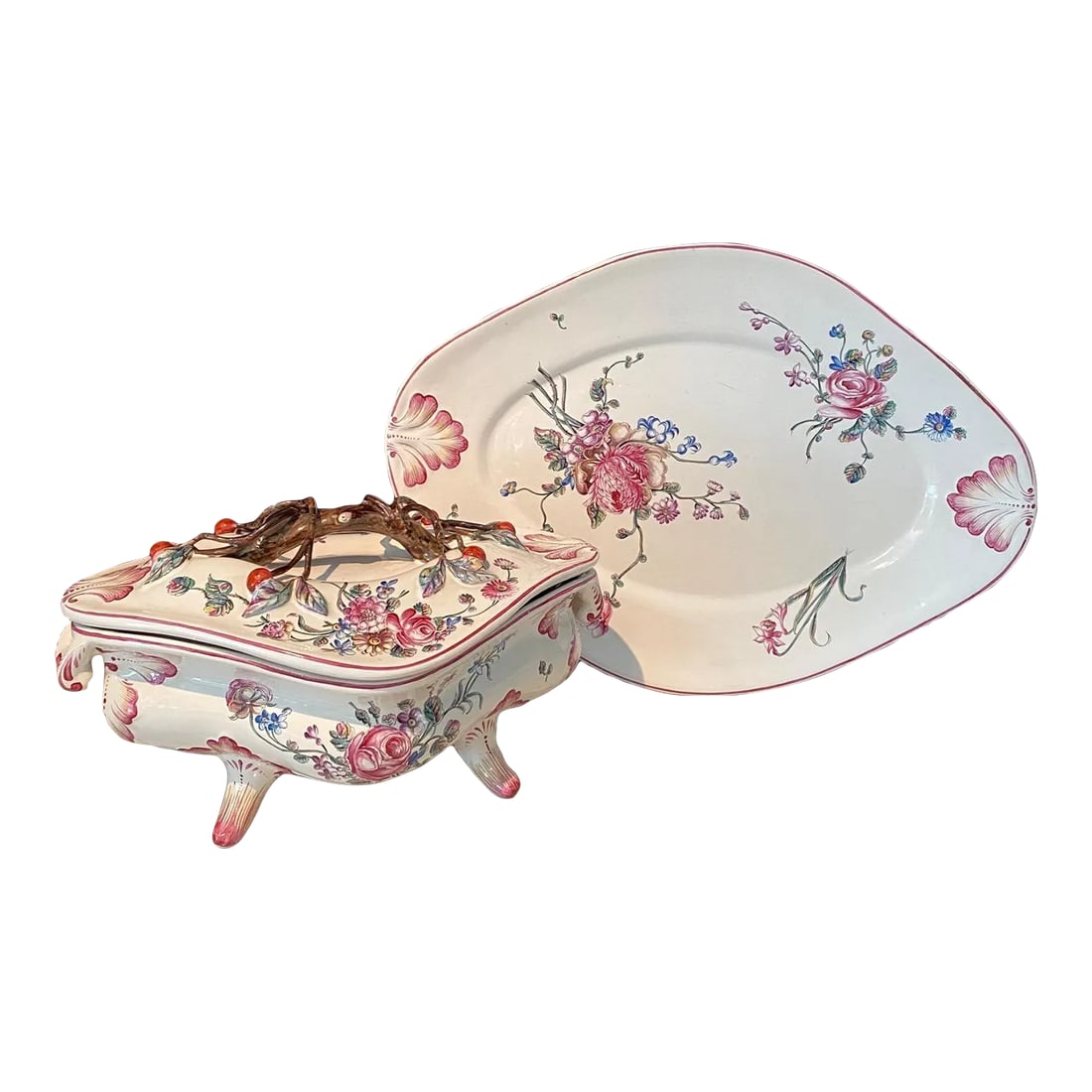 French Porcelain Barbotine Faience Majolica Jardiniere or Tureen and Platter -Set of 2: A lovely, highly detailed hand painted French Barbotine Majolica Faience soup tureen, with handles, feet and nicely sculpted cherry tree decorated cover. The painted decoration on the sides and on