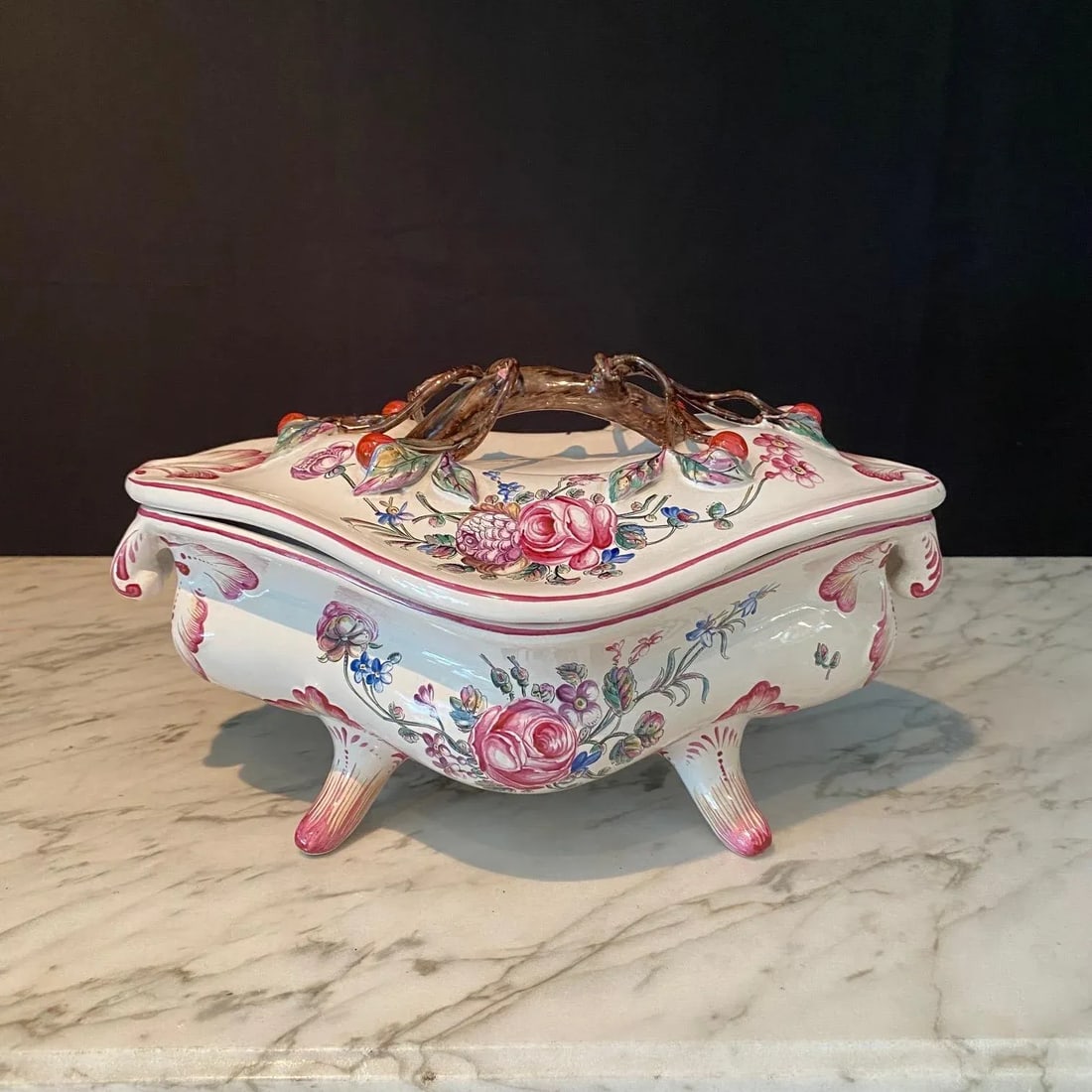 French Porcelain Barbotine Faience Majolica Jardiniere or Tureen and Platter -Set of 2 - 2