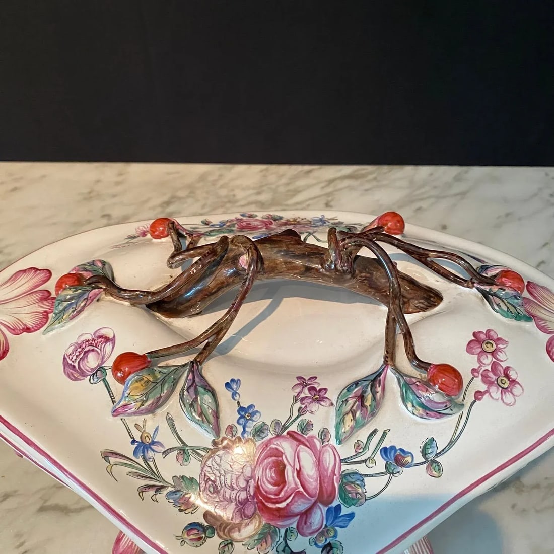 French Porcelain Barbotine Faience Majolica Jardiniere or Tureen and Platter -Set of 2 - 3