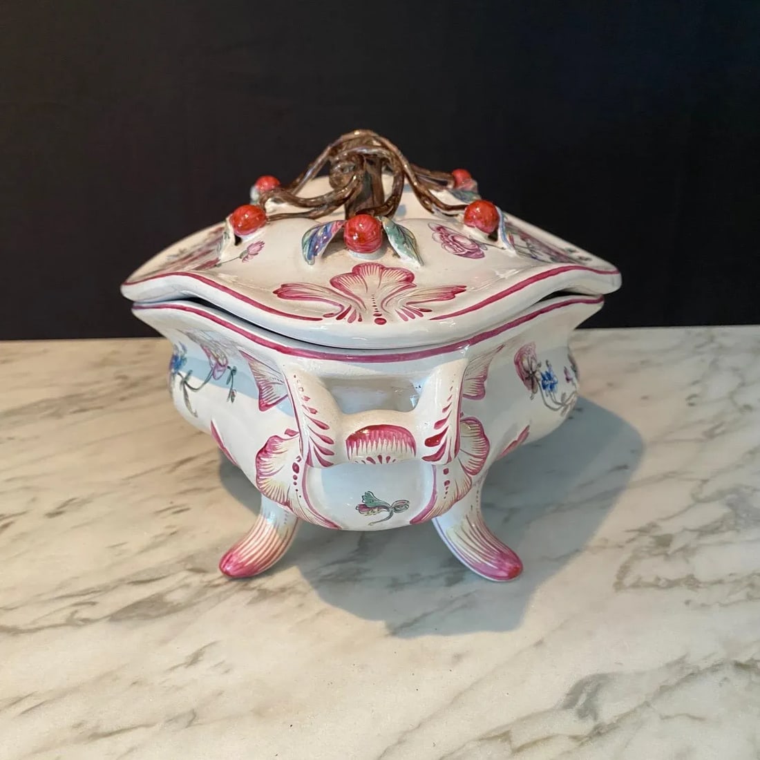 French Porcelain Barbotine Faience Majolica Jardiniere or Tureen and Platter -Set of 2 - 5