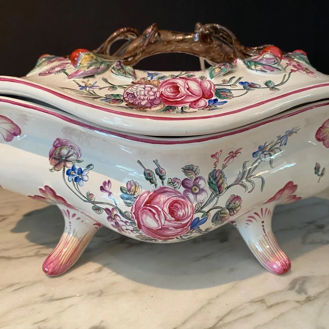 French Porcelain Barbotine Faience Majolica Jardiniere or Tureen and Platter -Set of 2 - 6