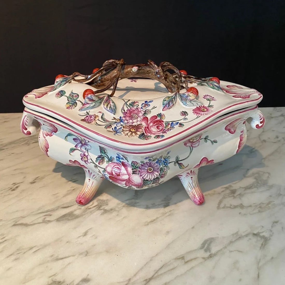 French Porcelain Barbotine Faience Majolica Jardiniere or Tureen and Platter -Set of 2 - 7