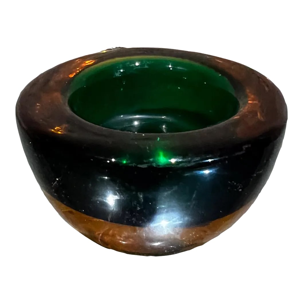 1960s Murano Sommerso Art Glass Votive Candle Holder Green and Amber: AMBIANIC presents 1960s Murano Green and Amber Sommerso Art Glass Votive Candle Holder 1.5 tall x 2.75 diameter Preowned vintage condition. Refer to all images. Condition: Alterations: Original
