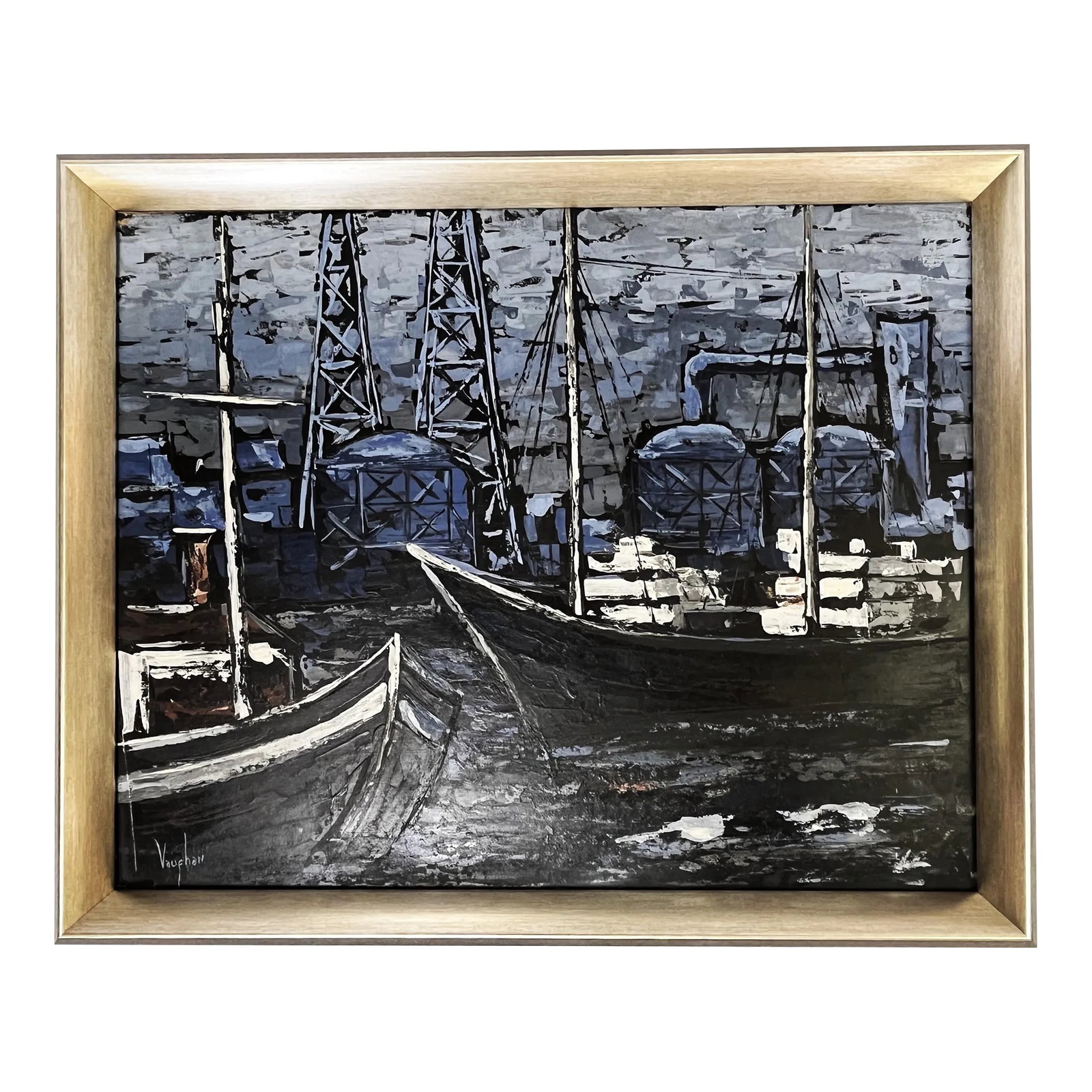 William James Vaughn Signed Original Oil Painting on Board Titled 'Blue Transport': Great mid century modern signed original oil painting by William James Vaughn. It is beautifully rendered in a modern cubist style in cool tones of blue, black and white. There's an artist's tag on