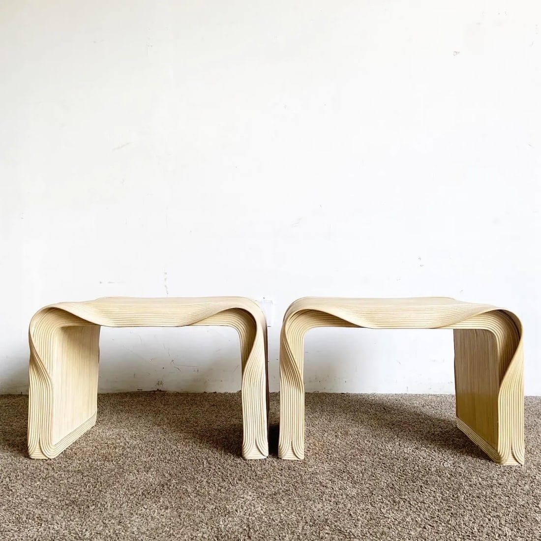 Boho Chic Wavy Ribbon Pencil Reed Side Tables - a Pair - 2