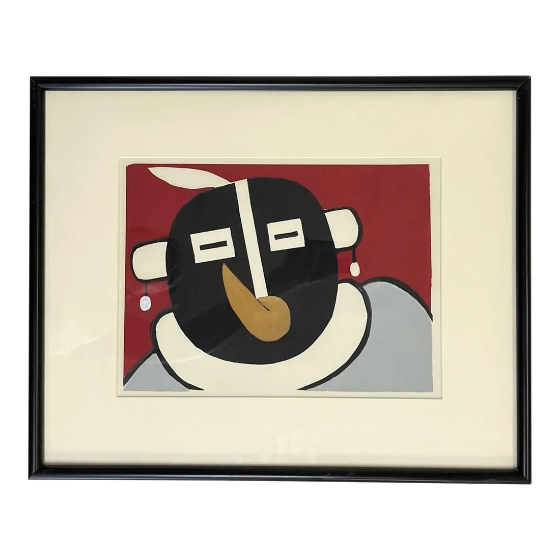 20th Century Original Modernistic Native American Portrait Art, Watercolor: Fun 20th century modernistic original portrait art. The Native American modern portrait is completed in gouache on paper. It has simple geometric shapes to compose the image in shades of black with