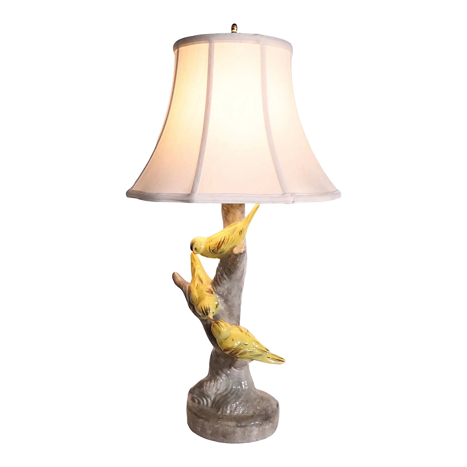 Ceramic Table Lamp With Finches Perched a Tree Possibly Haeger Pottery C 1950's: Charming Mid Century ceramic table lamp, depicting there small yellow birds, possibly Finches, perched on a tree form base. The lamp is in excellent, original, clean, working condition, free of