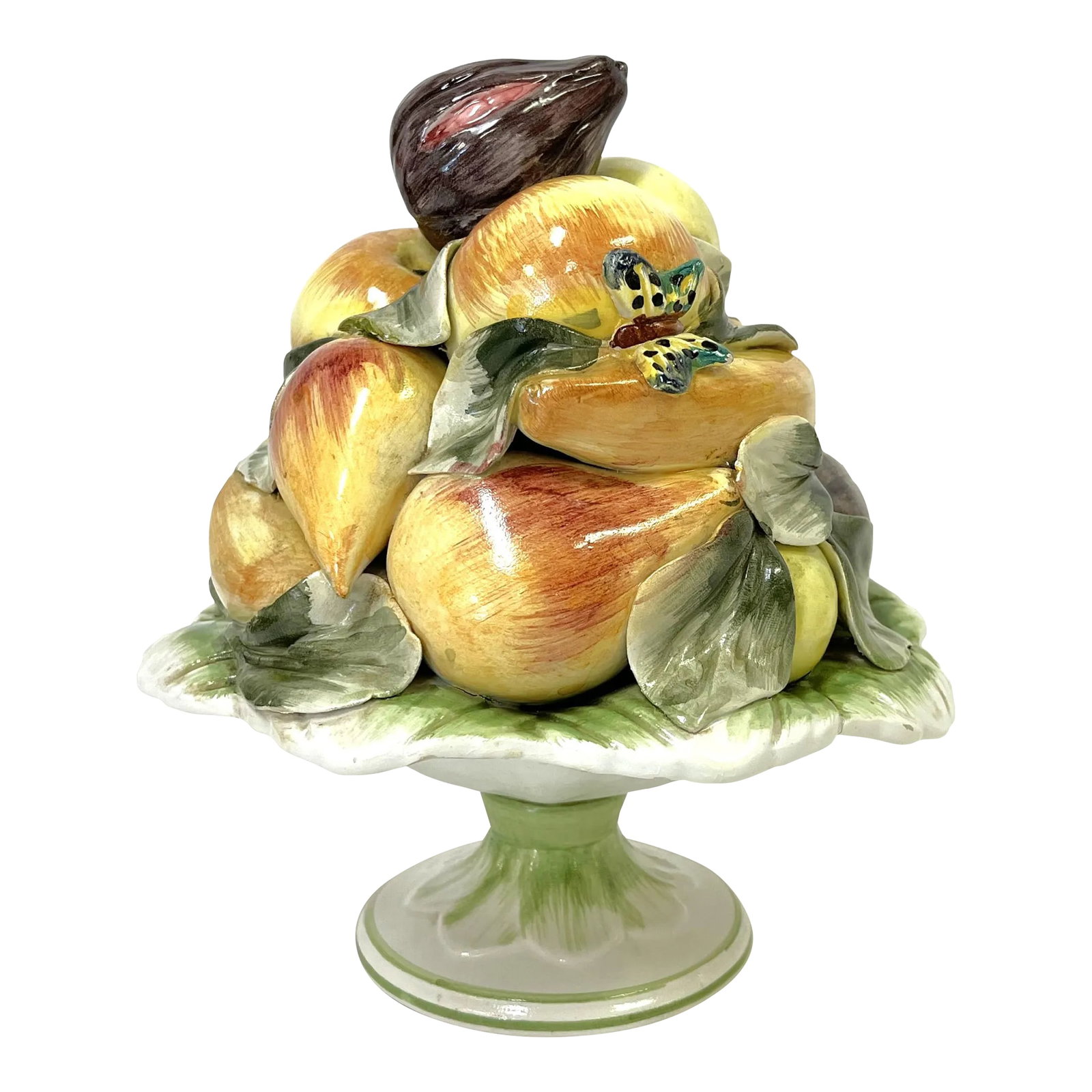 Vintage Nora Fenton Petite Majolica Fruit Centerpiece Made in Italy: Love this petite majolica ceramic fruit centerpiece! It's signed on the bottom 'Nora Fenton Made in Italy.' It's made in the Italian majolica technique with colorful fruits and butterflies in shades