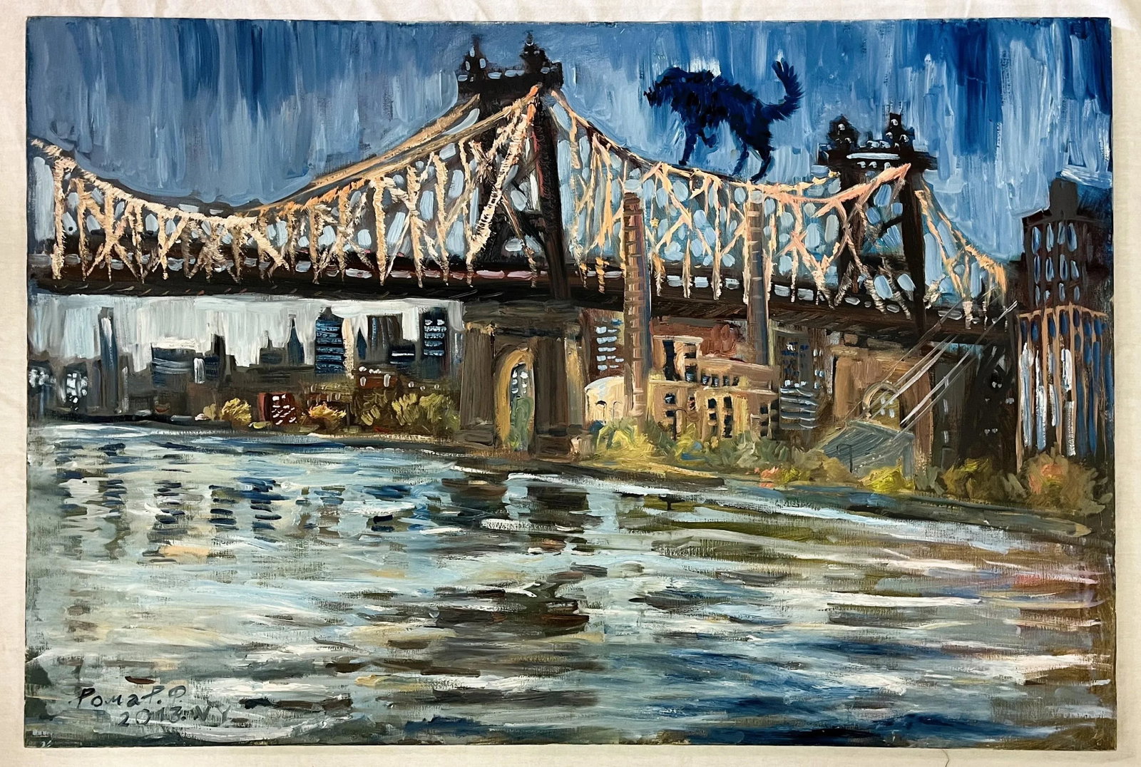Roman Rakhmatulin Signed Original Oil Painting on Canvas Titled 'Blue Dog and Queens Bridge' New Yor - 2