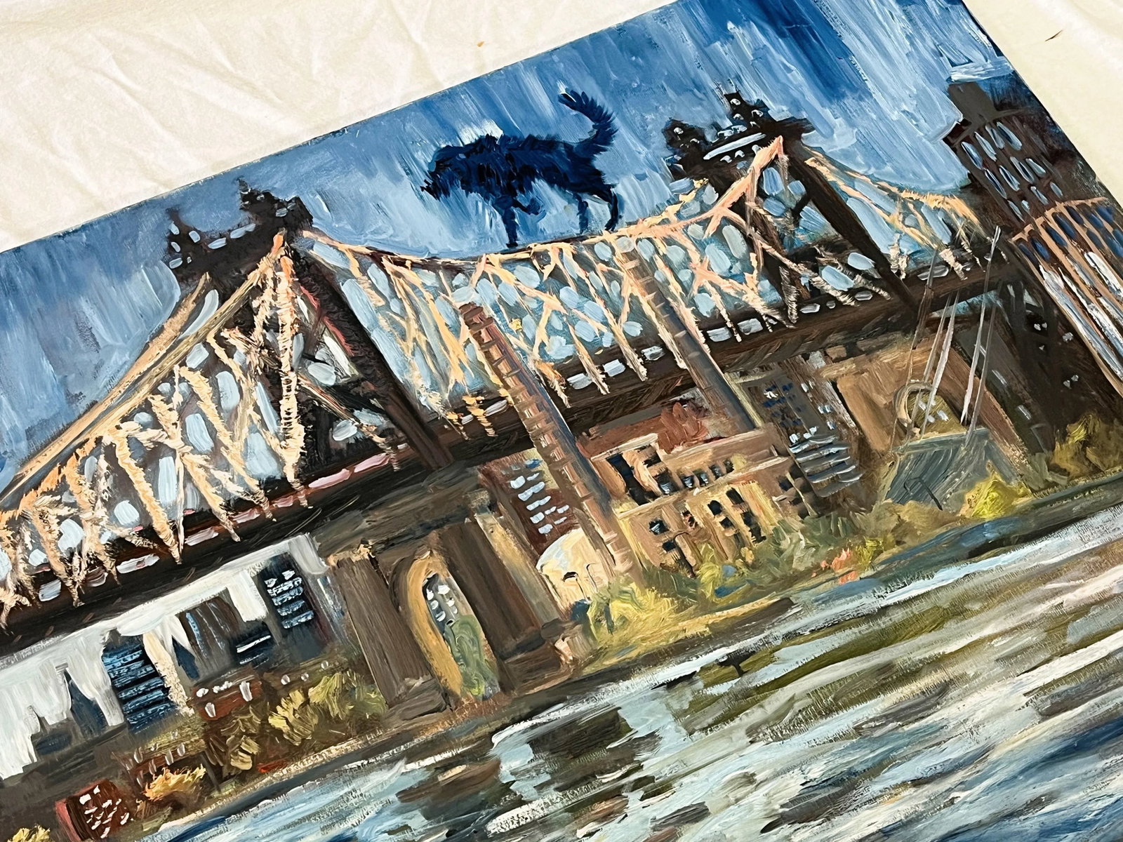 Roman Rakhmatulin Signed Original Oil Painting on Canvas Titled 'Blue Dog and Queens Bridge' New Yor - 6