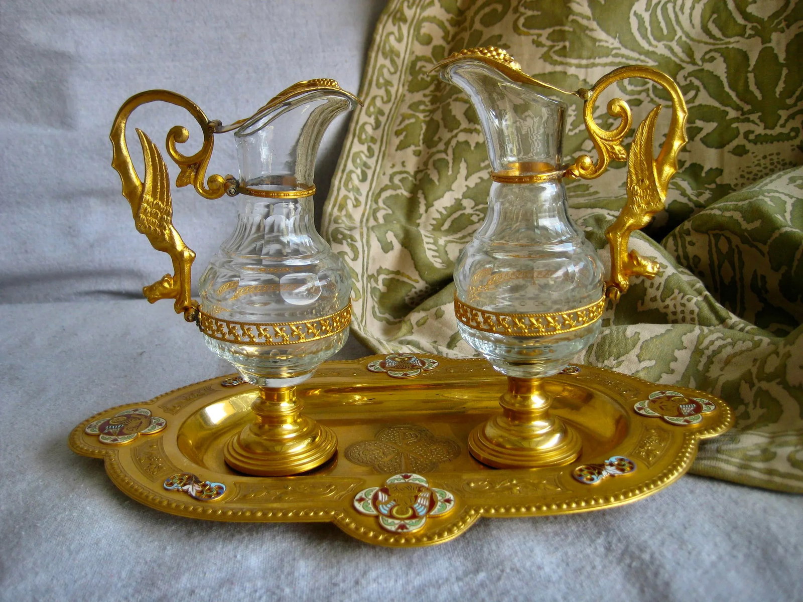19th Century French Brass Enameled Cruet or Burettes Tray - 3 Piece Set - 2