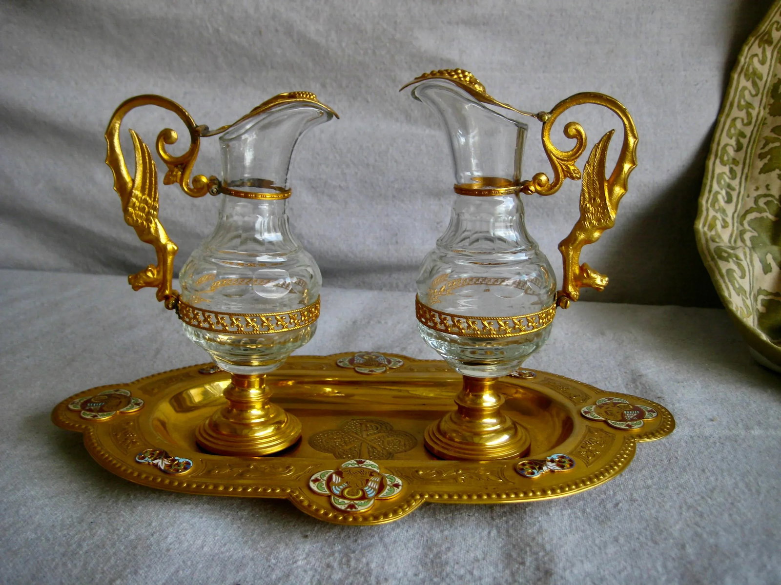 19th Century French Brass Enameled Cruet or Burettes Tray - 3 Piece Set - 3