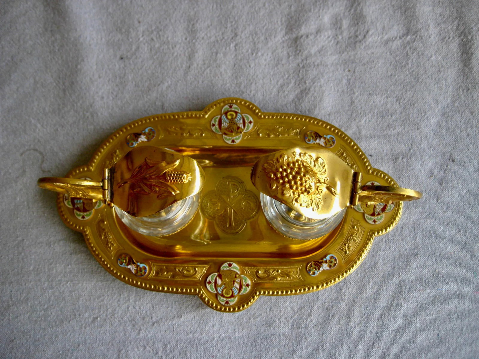 19th Century French Brass Enameled Cruet or Burettes Tray - 3 Piece Set - 6
