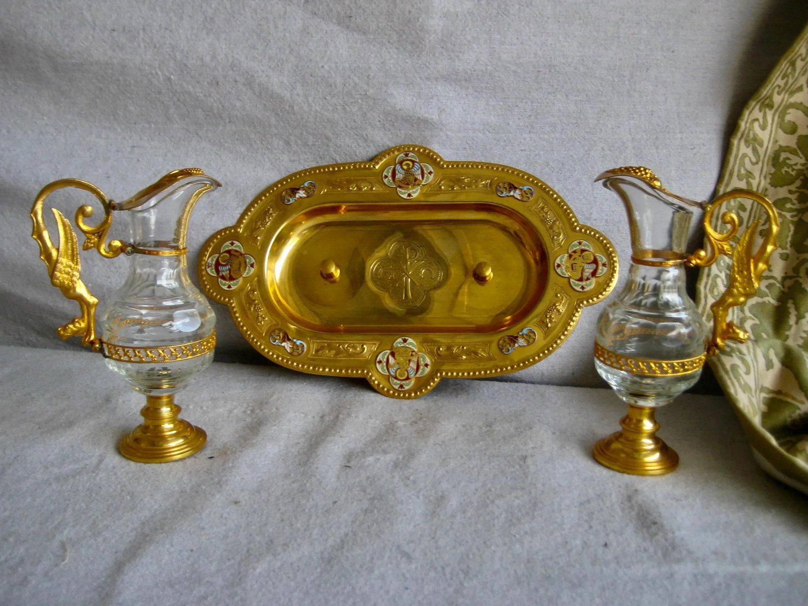 19th Century French Brass Enameled Cruet or Burettes Tray - 3 Piece Set - 7