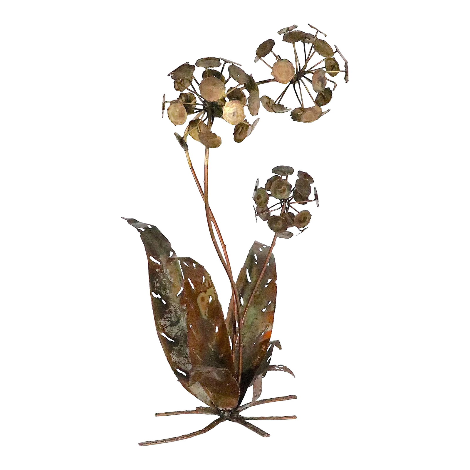 Brutalist Torch Cut Metal Sculpture Signed Berger '78: Torch cut metal sculpture in the Brutalist style, depicting a flowering plant, signed and dated " " Berger '78 ". Ray H. Berger was a well known and respected sculptor, who's Brutalist metal pieces