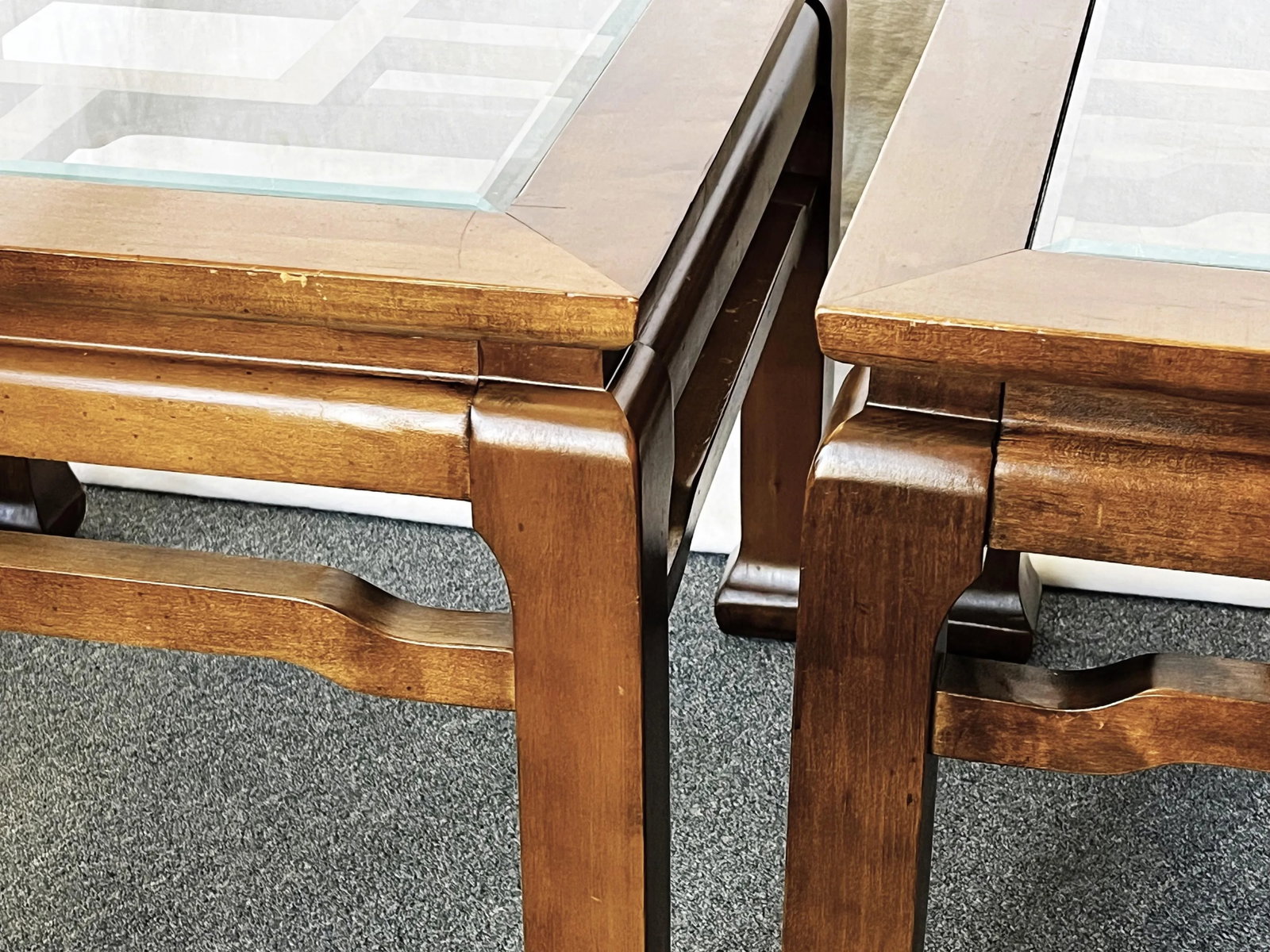 20th Century Chinese Chippendale Solid Wood With Beveled Glass End Tables- a Pair - 11