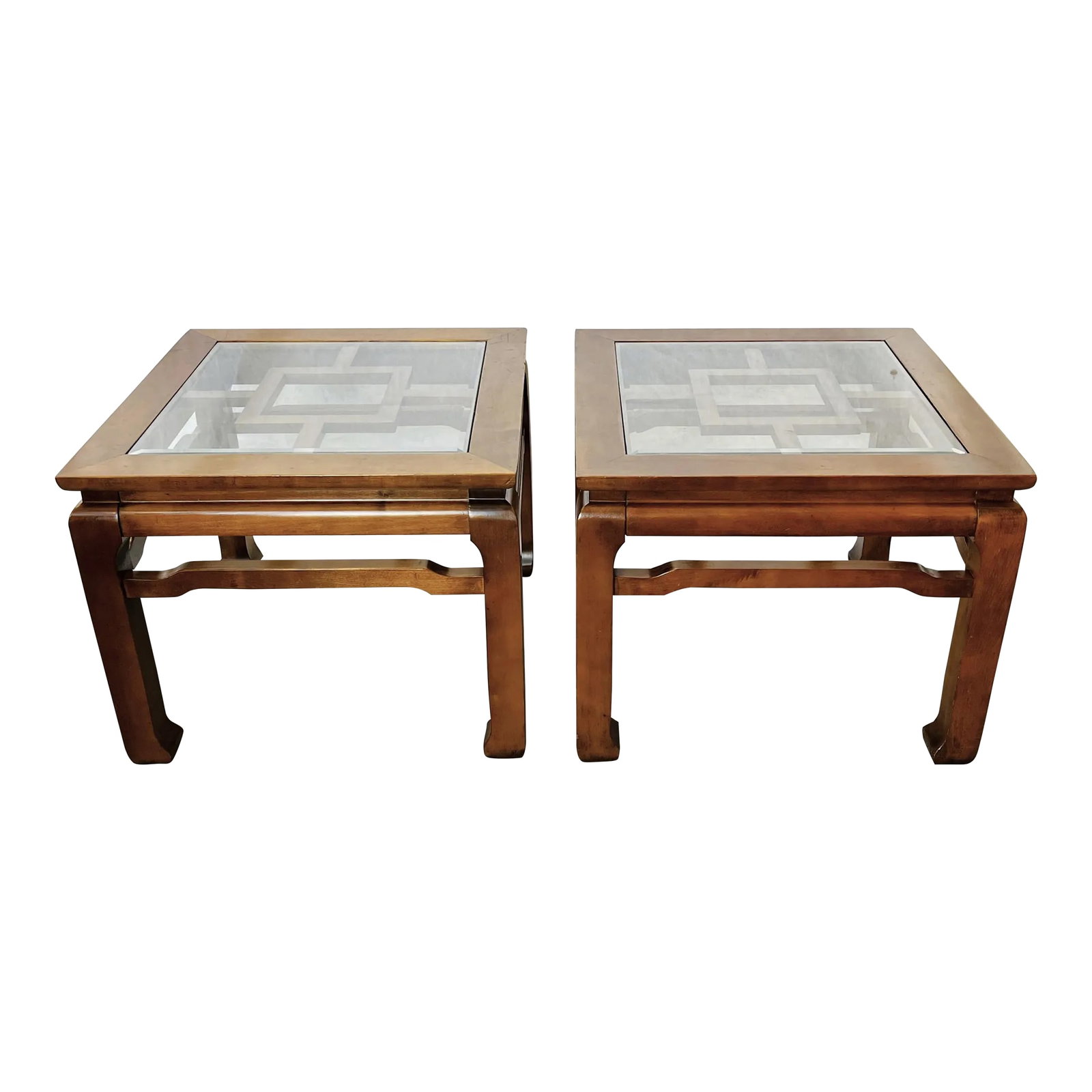 20th Century Chinese Chippendale Solid Wood With Beveled Glass End Tables- a Pair (1 of 12)
