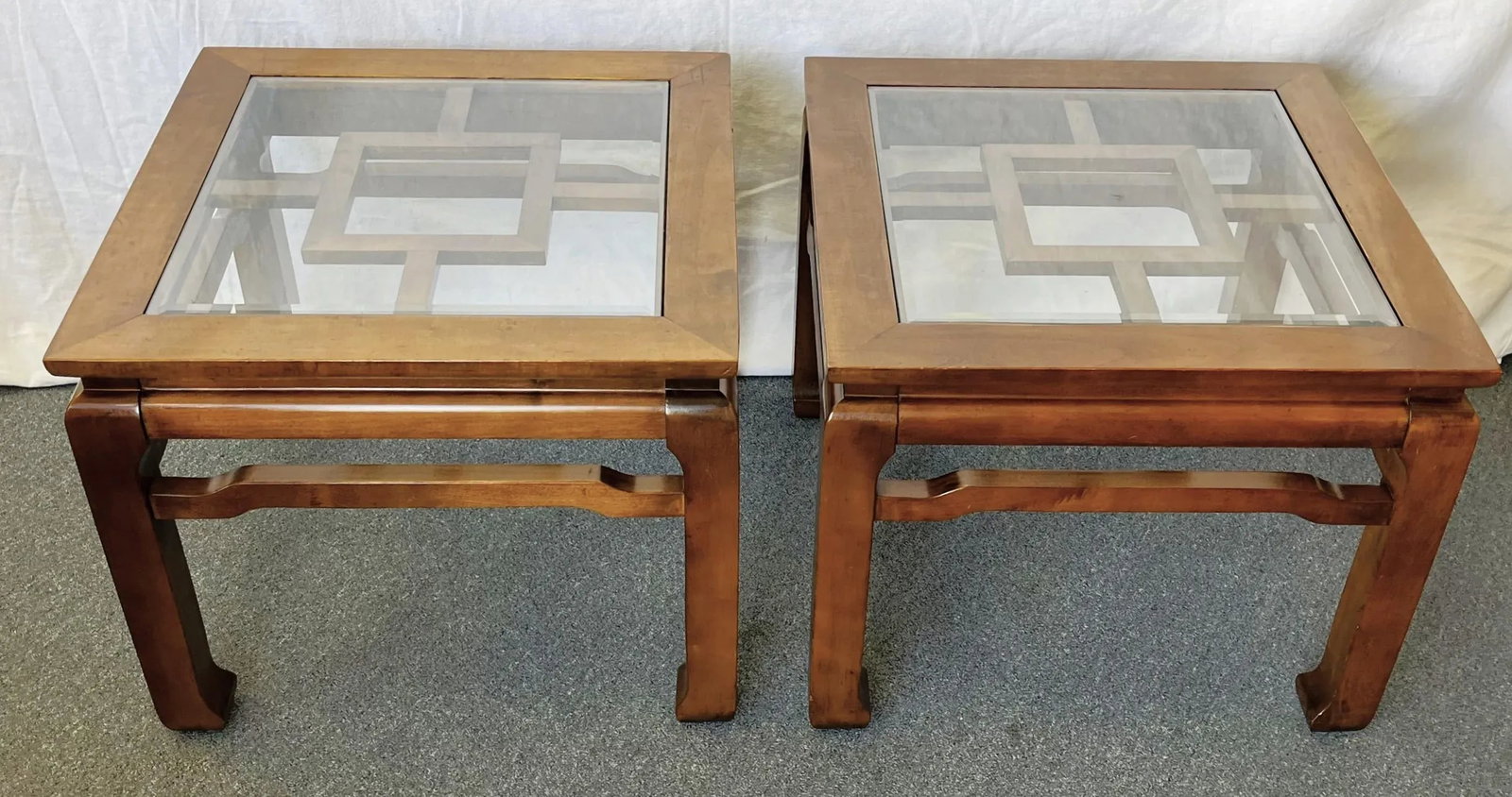 20th Century Chinese Chippendale Solid Wood With Beveled Glass End Tables- a Pair - 2