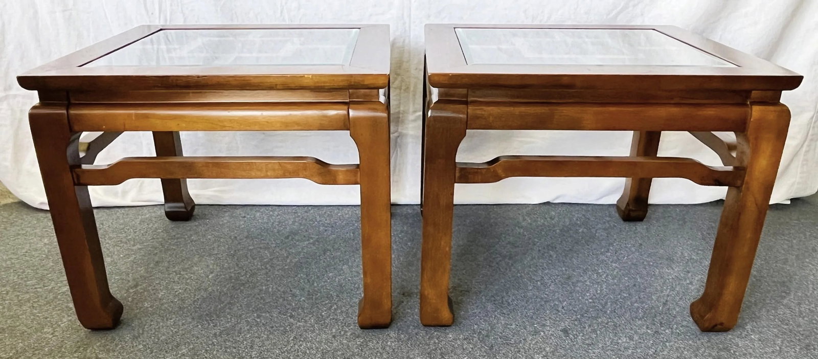 20th Century Chinese Chippendale Solid Wood With Beveled Glass End Tables- a Pair - 3