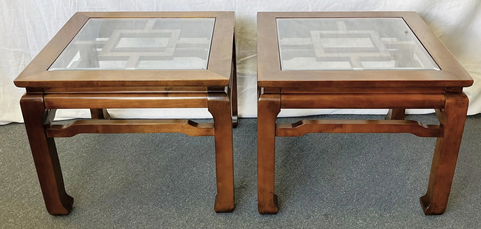 20th Century Chinese Chippendale Solid Wood With Beveled Glass End Tables- a Pair - 8