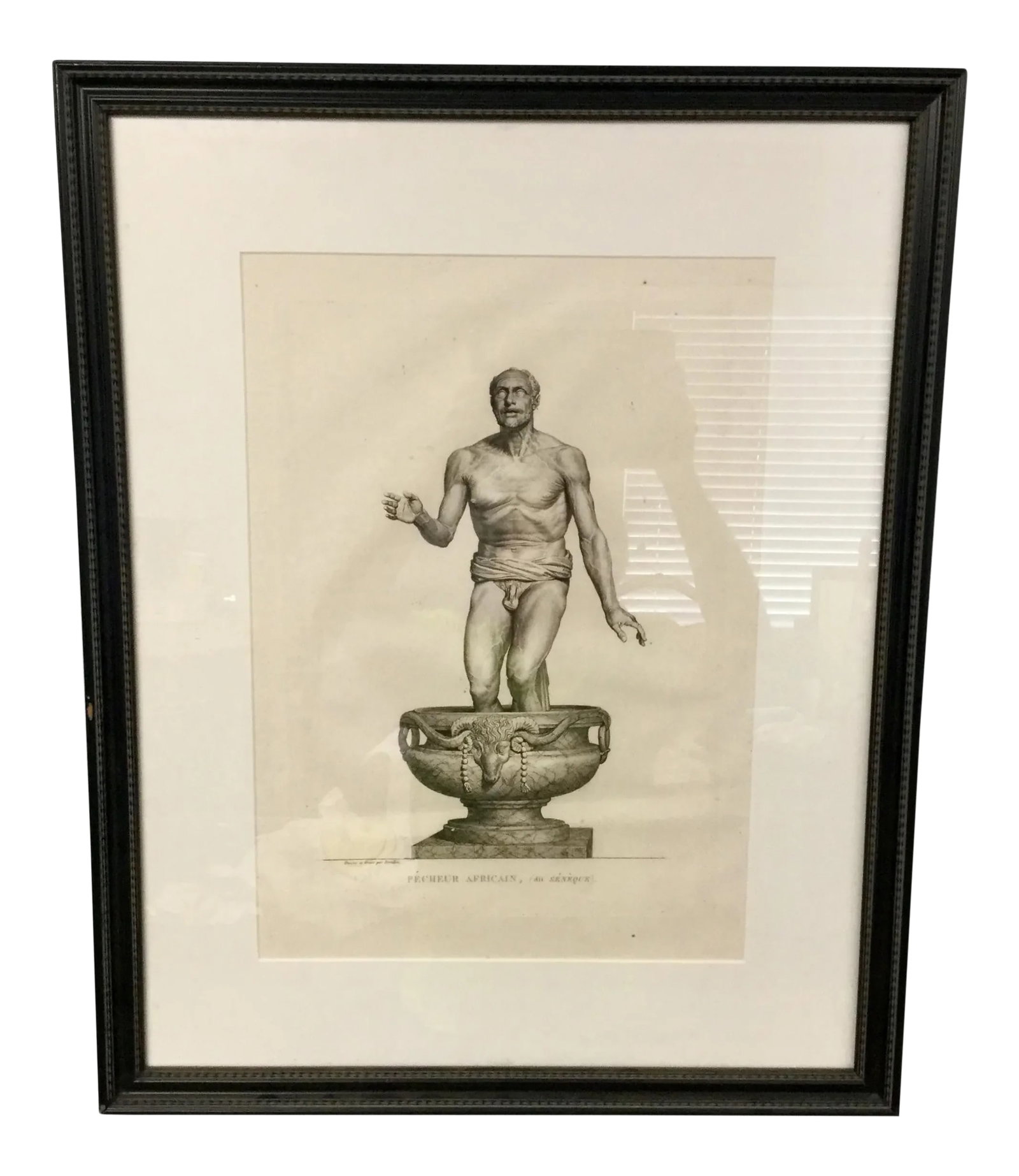 Early 19th Century "Pecheur Africain" Framed Engraving Print: By French painter and printmaker Pierre Bouillon. Plate from Musée des antiques, dessiné et gravé par P. Bouillon, avec des notices explicatives par J. B. de Saint-Victor, 3 volumes,