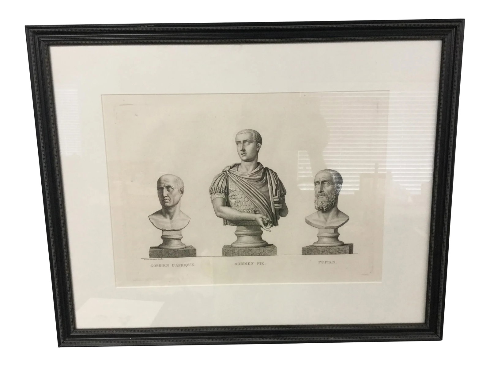 Early 19th Century "Gordien Pie. Gordien D'Afrique. Pupien" Framed Engraving Print: By French painter and printmaker Pierre Bouillon. Plate from Musée des antiques, dessiné et gravé par P. Bouillon, avec des notices explicatives par J. B. de Saint-Victor, 3 volumes,