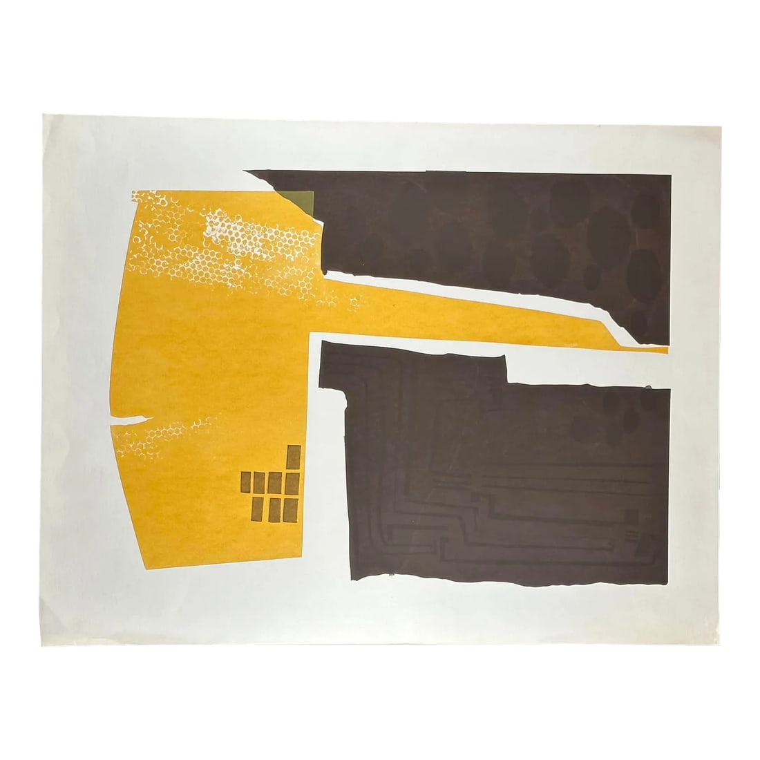 Vintage Abstract Serigraph Yellow and Brown: Vintage serigraph in shades of yellow and very dark brown. It is unframed but would look amazing framed and hanging on the wall. The paper is 26" wide and 20" high. The image is about 21.25" wide and 