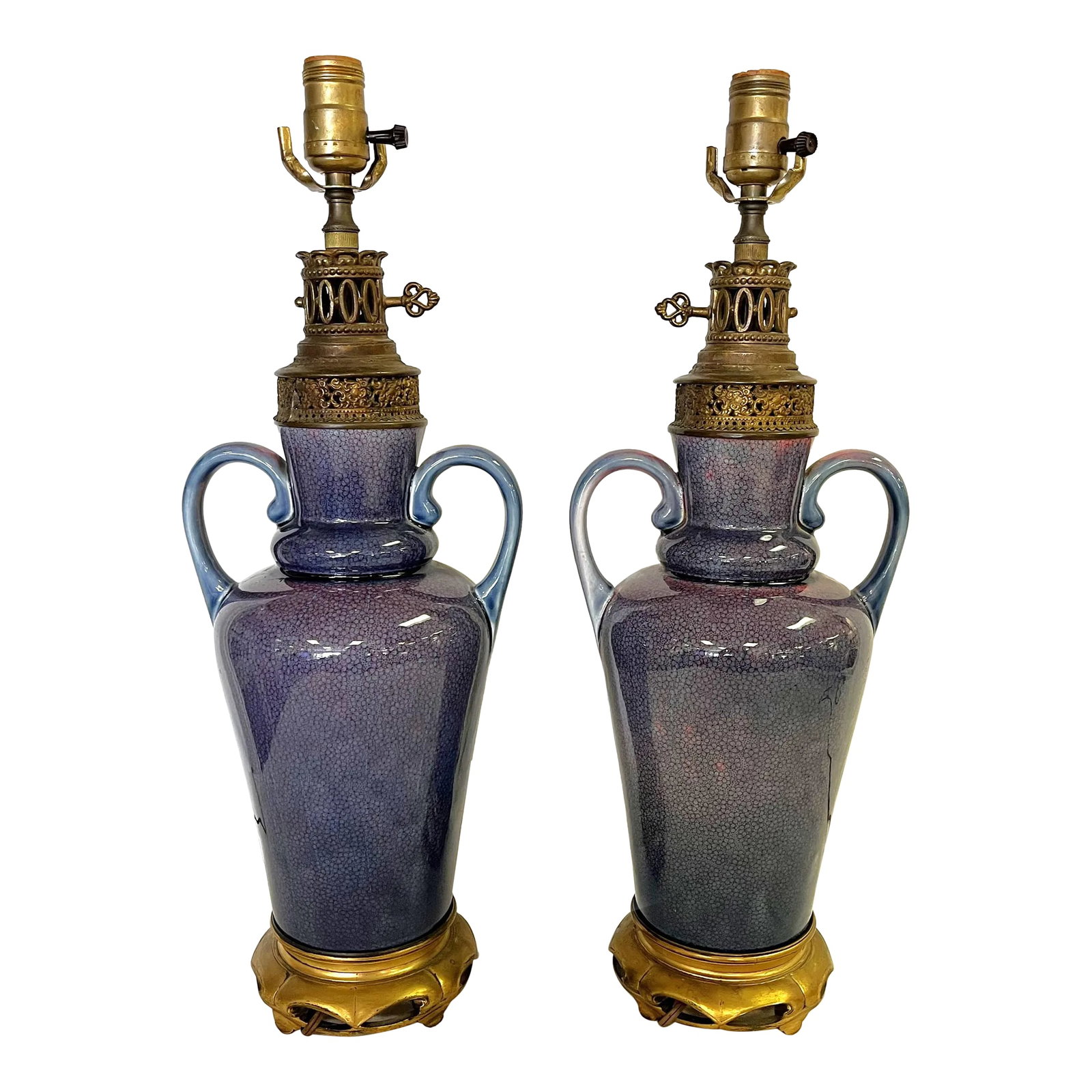 Vintage Ceramic Amphora Handled Vase Lamps With Purple Floral Decoration- a Pair (1 of 12)
