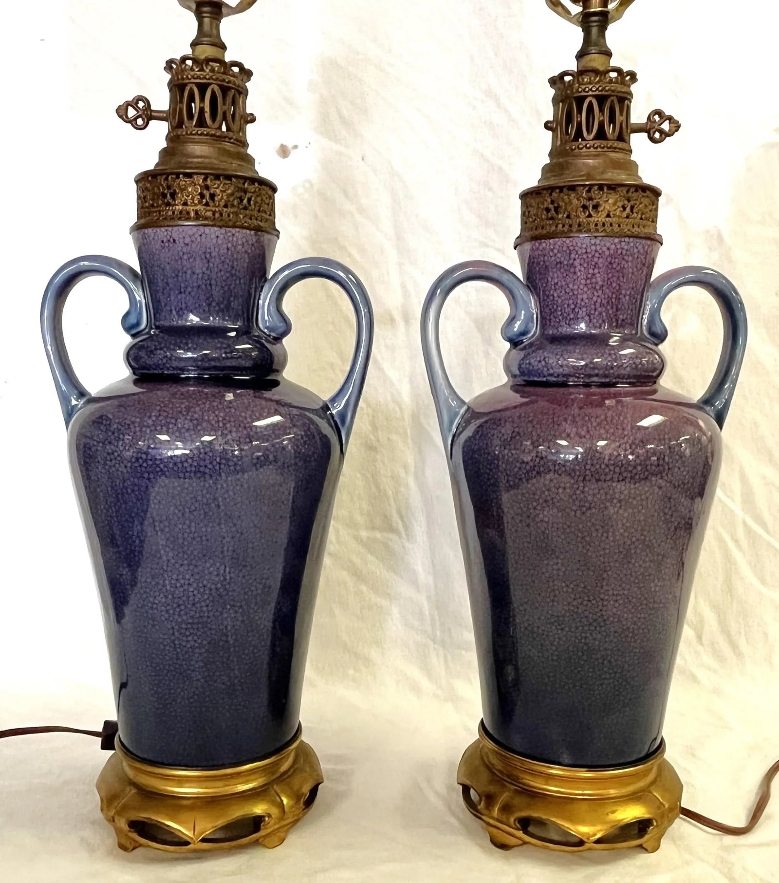 Vintage Ceramic Amphora Handled Vase Lamps With Purple Floral Decoration- a Pair - 2