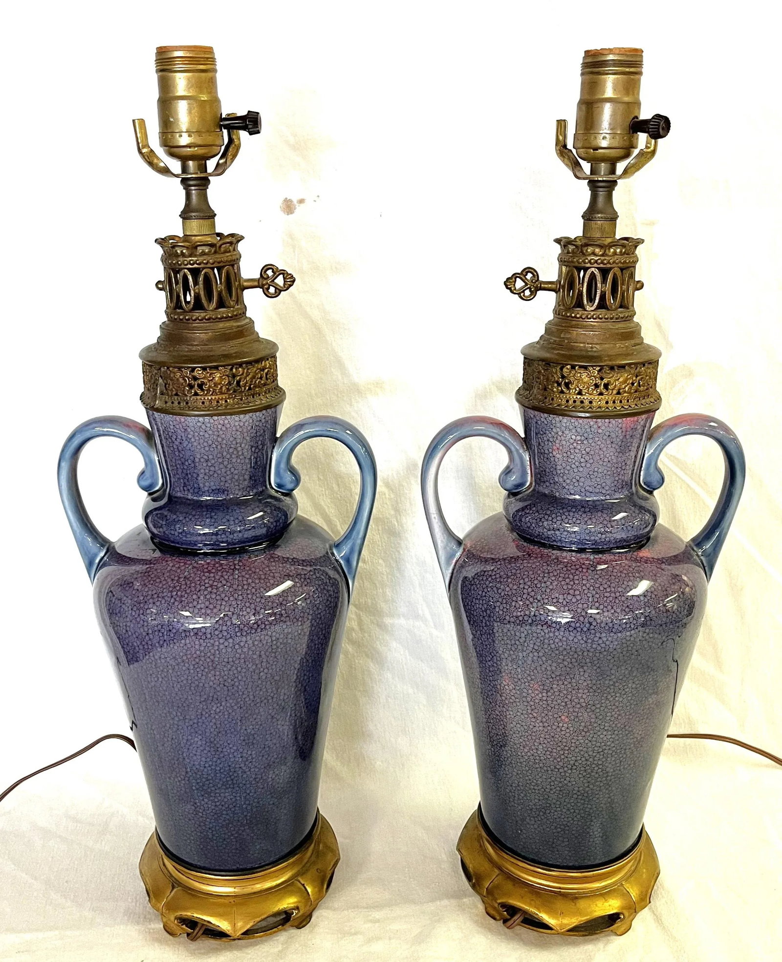 Vintage Ceramic Amphora Handled Vase Lamps With Purple Floral Decoration- a Pair - 3