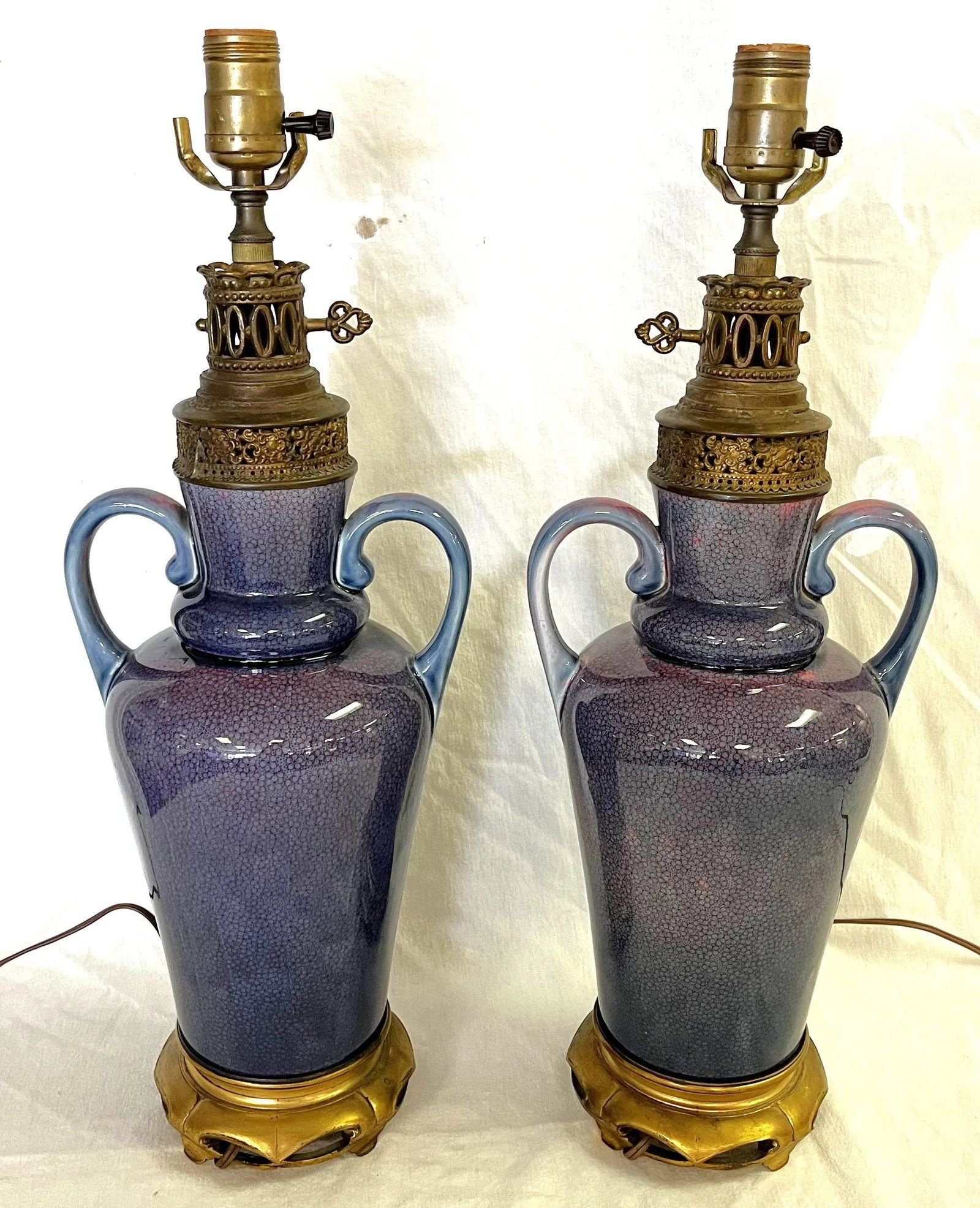 Vintage Ceramic Amphora Handled Vase Lamps With Purple Floral Decoration- a Pair - 4