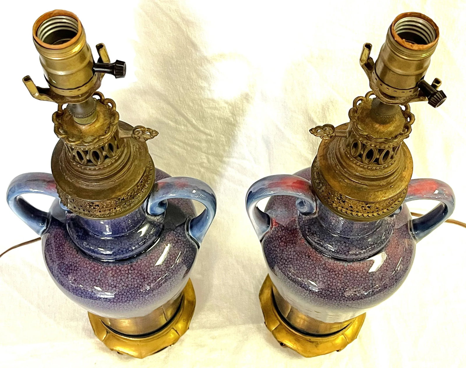 Vintage Ceramic Amphora Handled Vase Lamps With Purple Floral Decoration- a Pair - 5