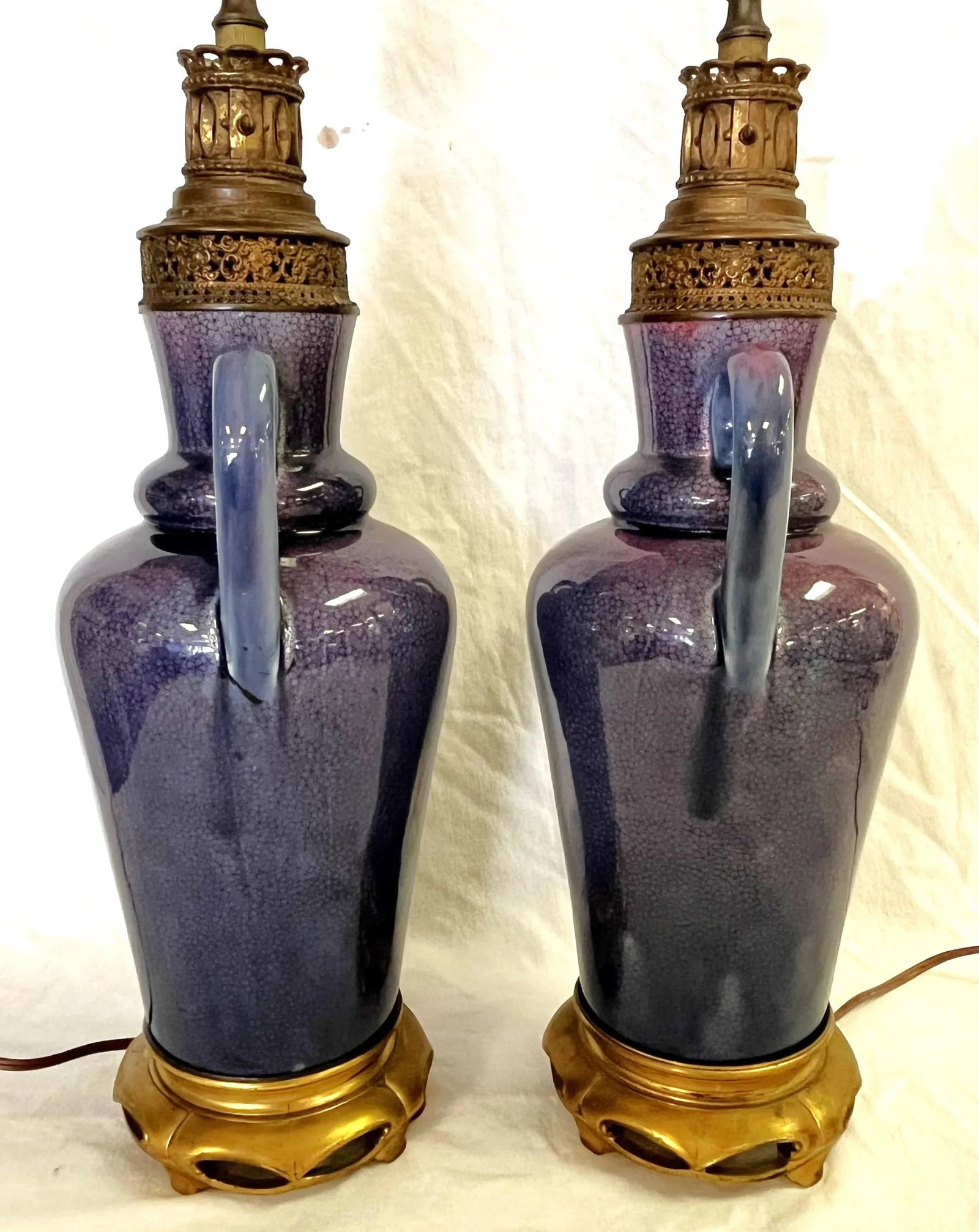 Vintage Ceramic Amphora Handled Vase Lamps With Purple Floral Decoration- a Pair - 6