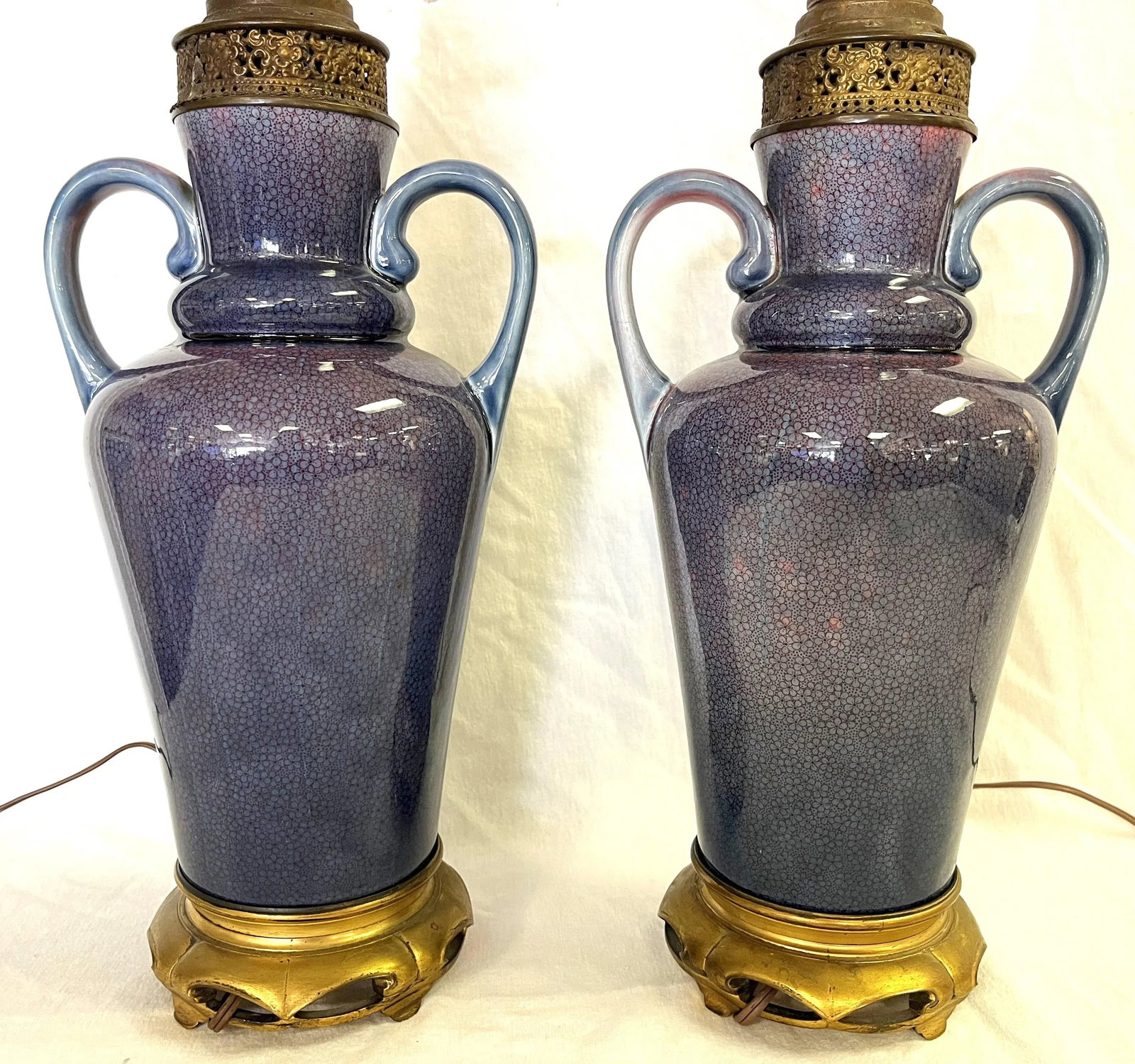 Vintage Ceramic Amphora Handled Vase Lamps With Purple Floral Decoration- a Pair - 7