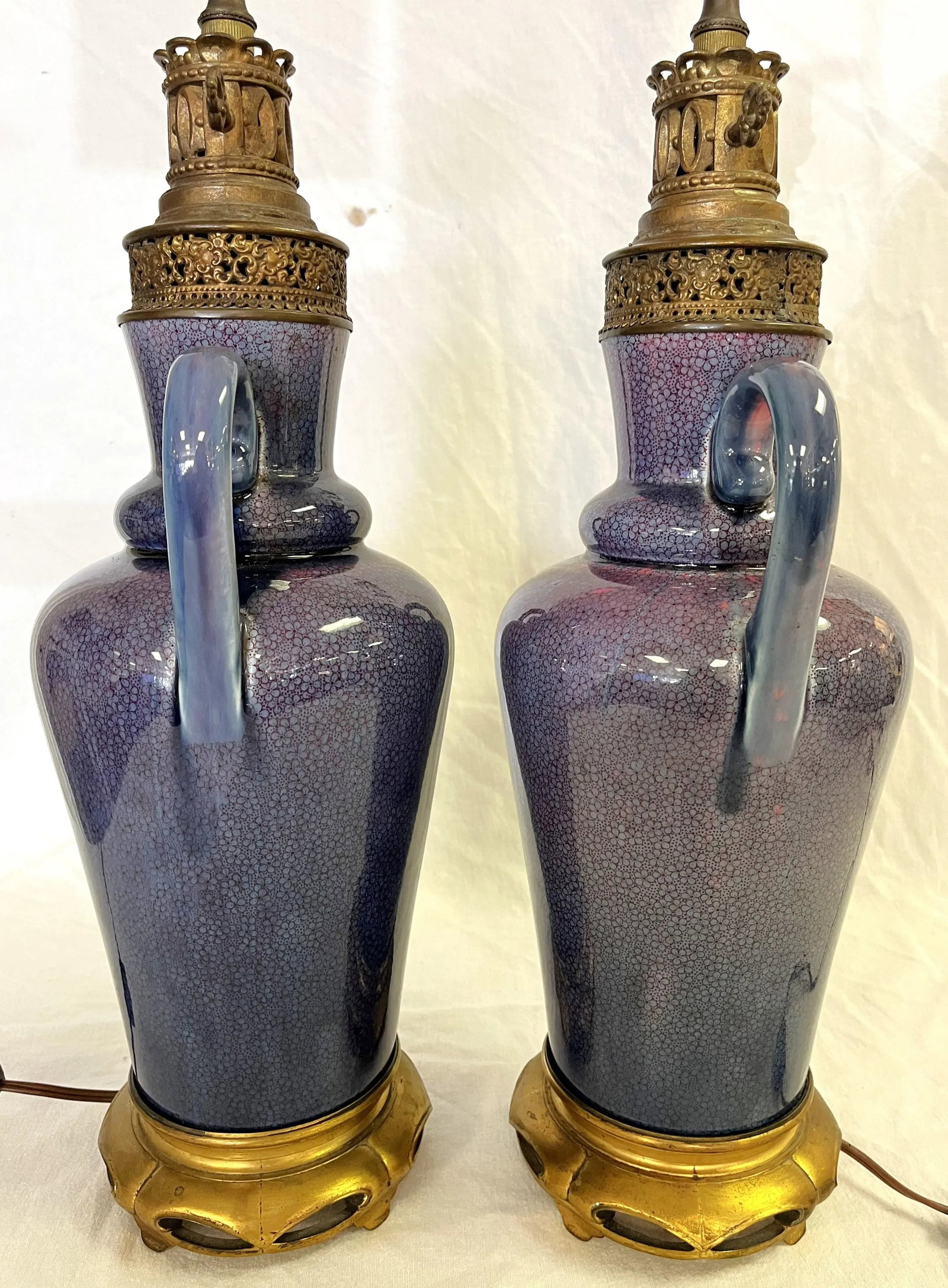 Vintage Ceramic Amphora Handled Vase Lamps With Purple Floral Decoration- a Pair - 8
