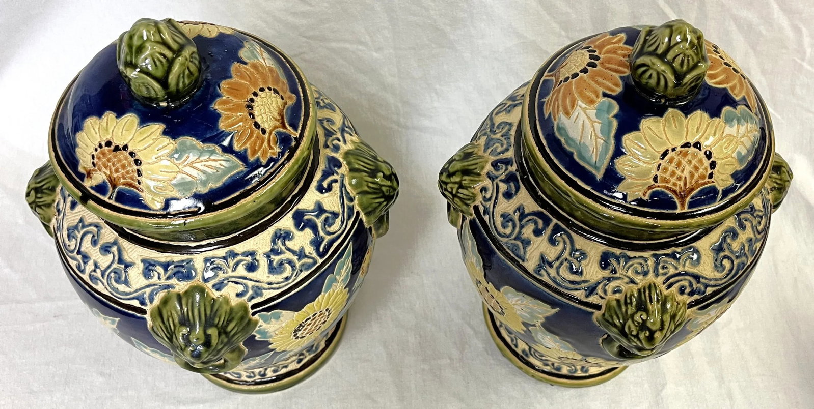 Large Vintage Sgraffito Pottery Lidded Urns With Lion Heads and Sunflower Details- a Pair - 2