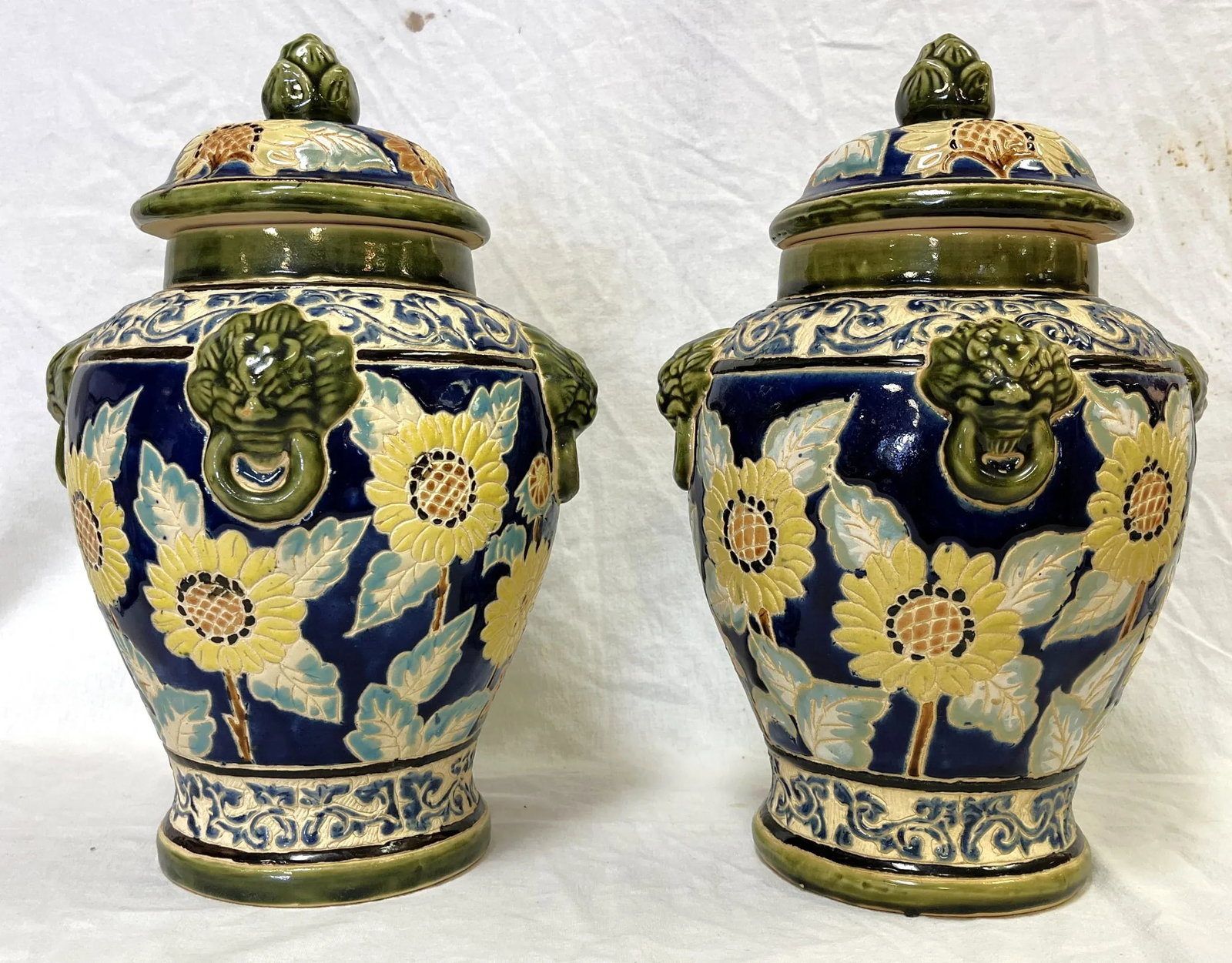 Large Vintage Sgraffito Pottery Lidded Urns With Lion Heads and Sunflower Details- a Pair - 3