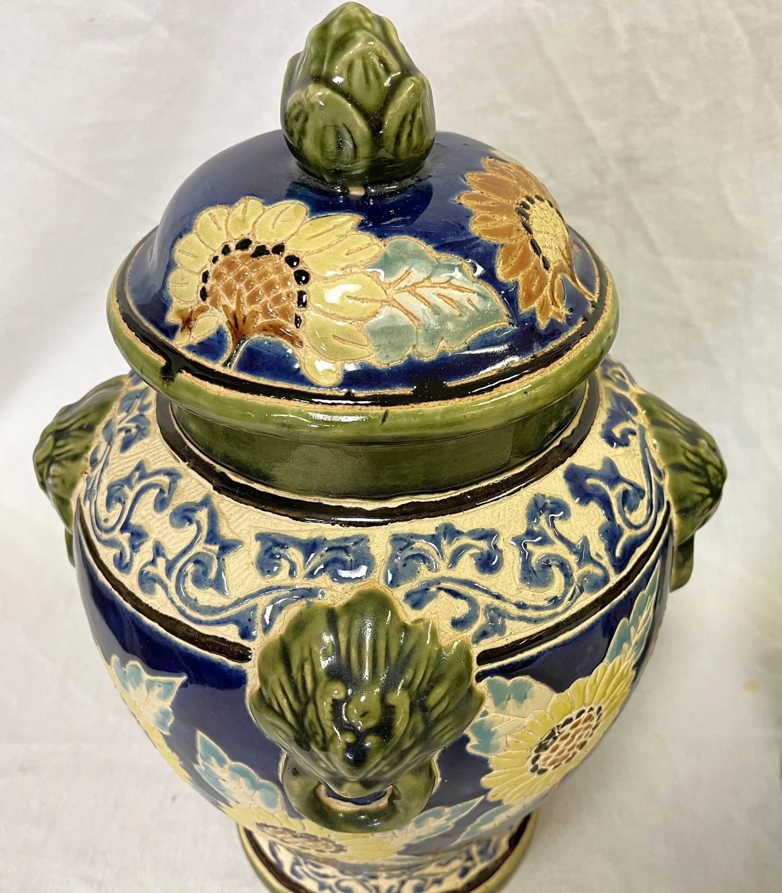 Large Vintage Sgraffito Pottery Lidded Urns With Lion Heads and Sunflower Details- a Pair - 4
