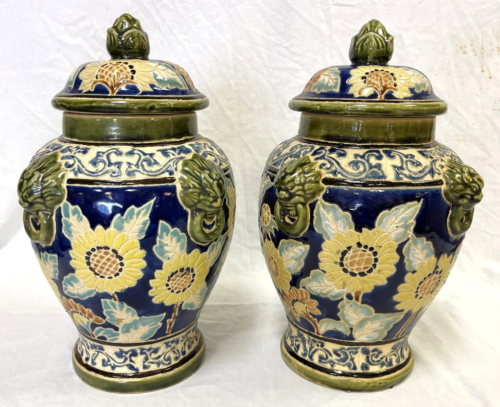 Large Vintage Sgraffito Pottery Lidded Urns With Lion Heads and Sunflower Details- a Pair - 5
