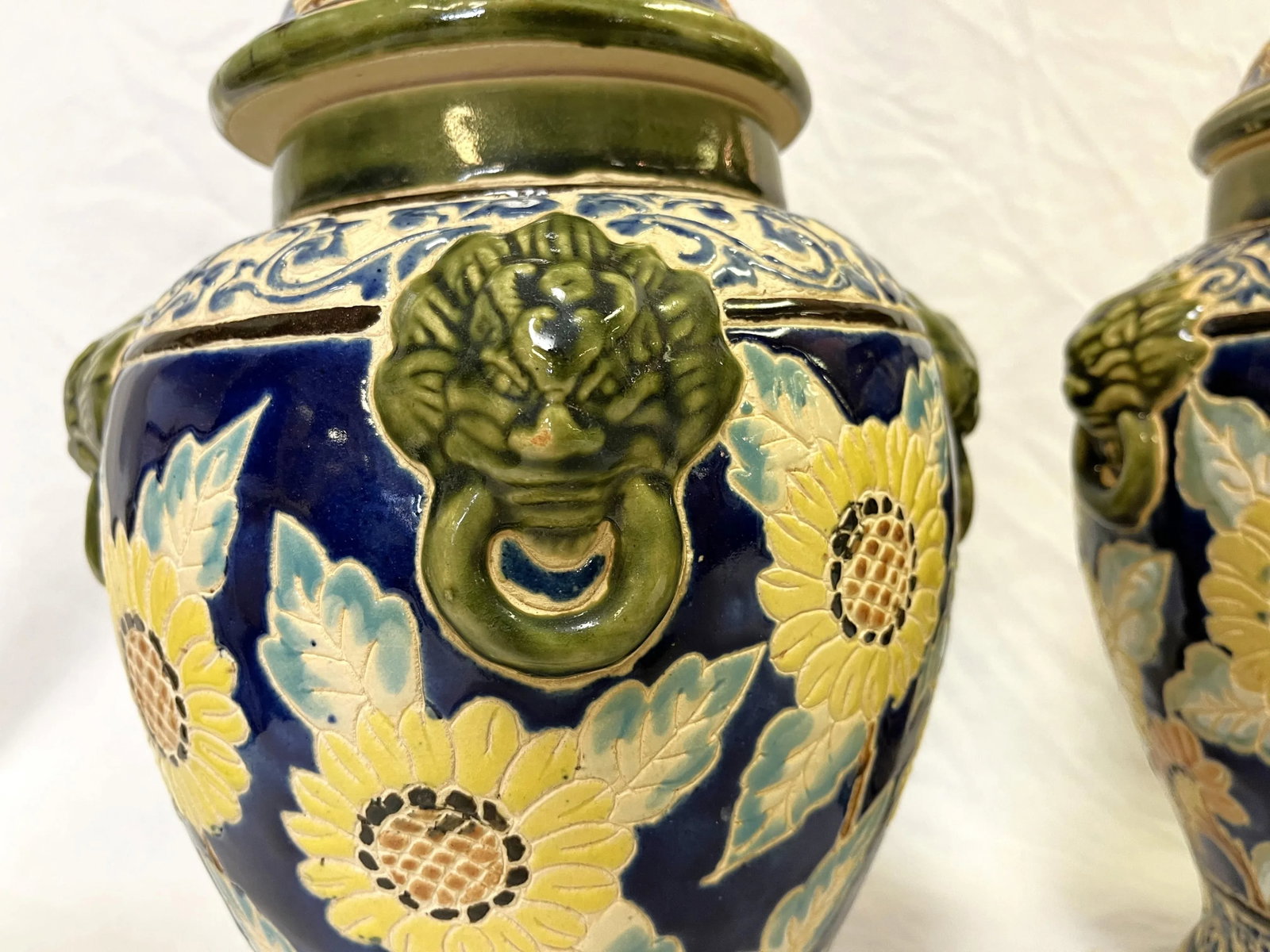 Large Vintage Sgraffito Pottery Lidded Urns With Lion Heads and Sunflower Details- a Pair - 6