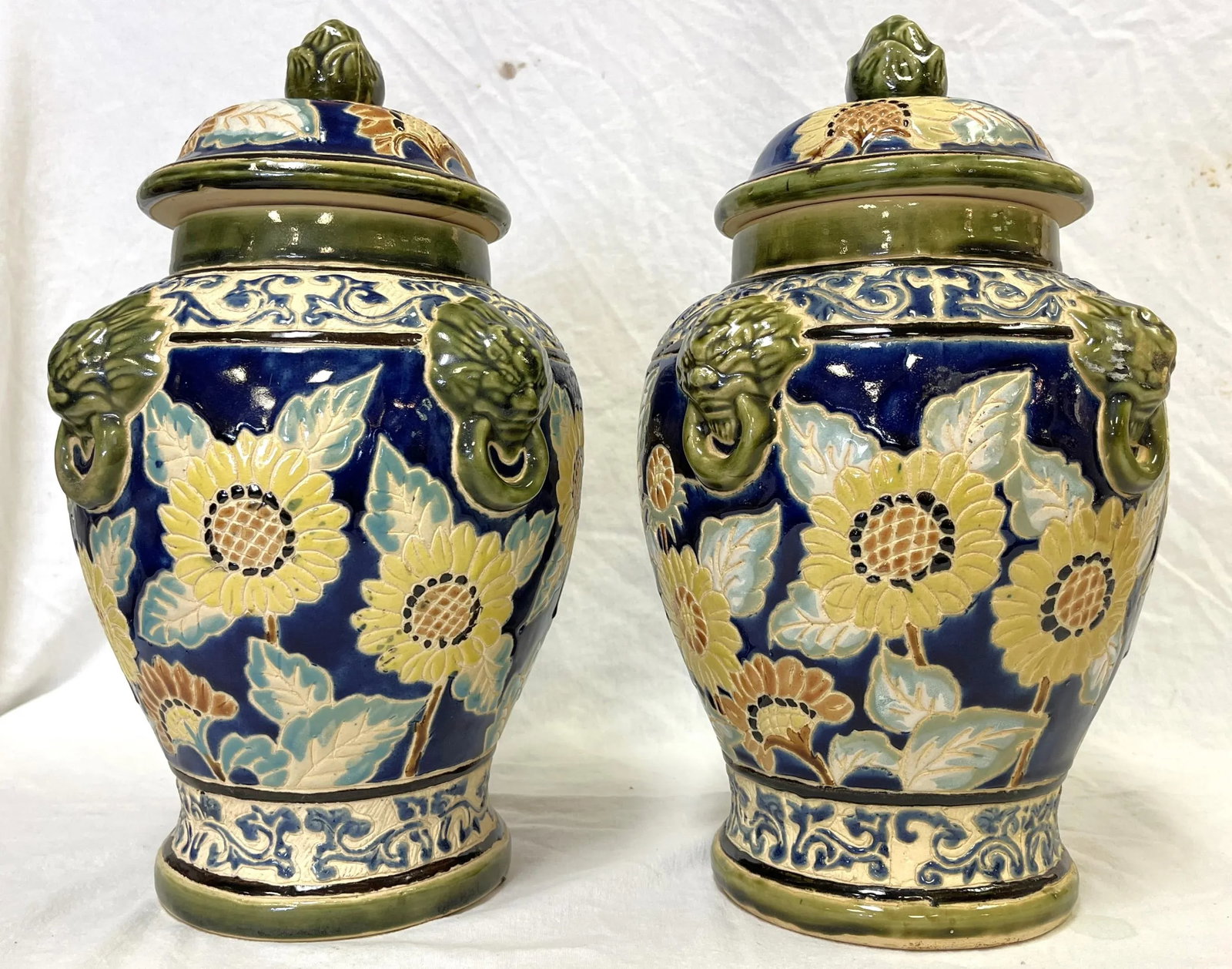 Large Vintage Sgraffito Pottery Lidded Urns With Lion Heads and Sunflower Details- a Pair - 7