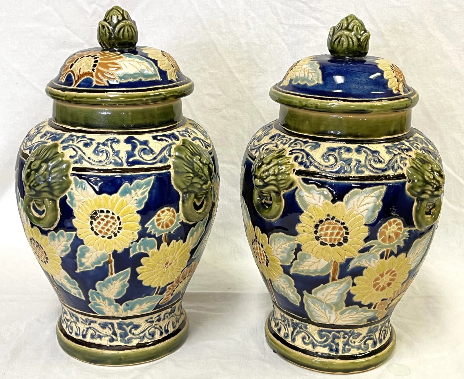 Large Vintage Sgraffito Pottery Lidded Urns With Lion Heads and Sunflower Details- a Pair - 8