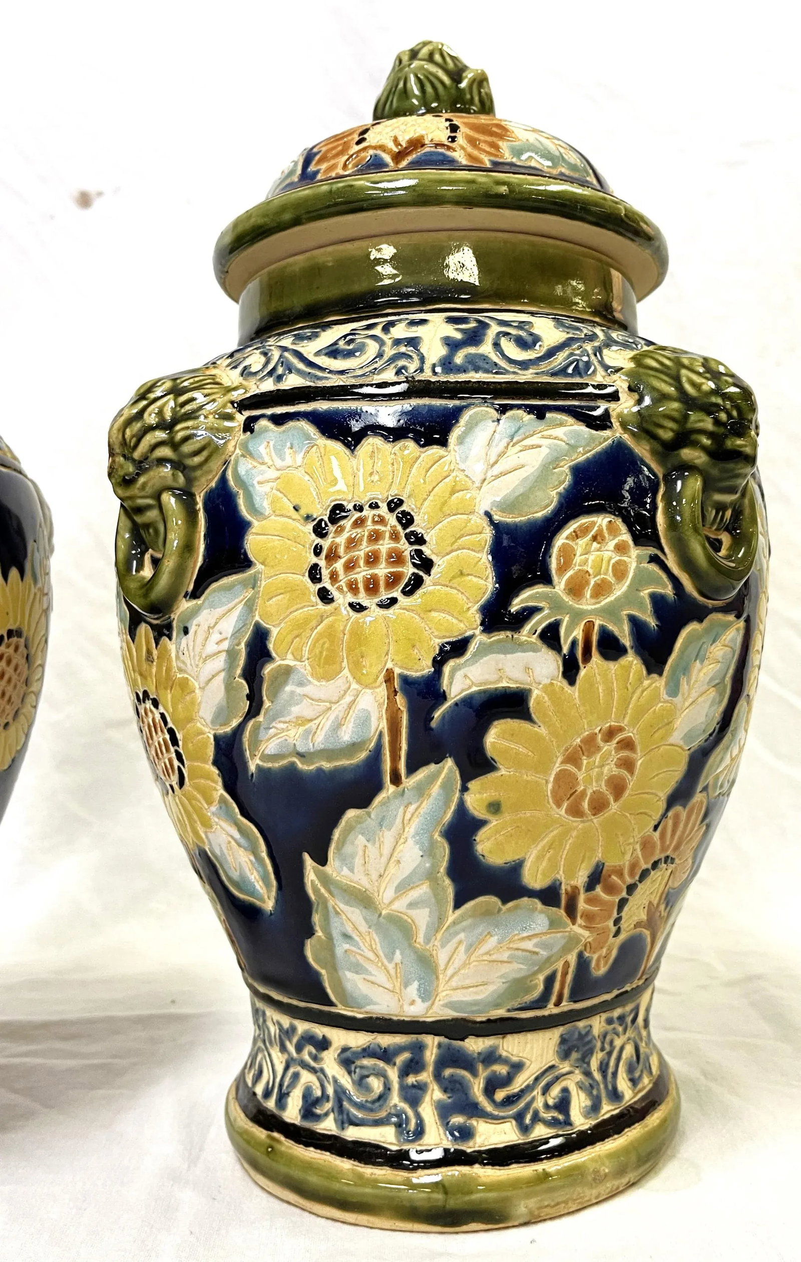 Large Vintage Sgraffito Pottery Lidded Urns With Lion Heads and Sunflower Details- a Pair - 9