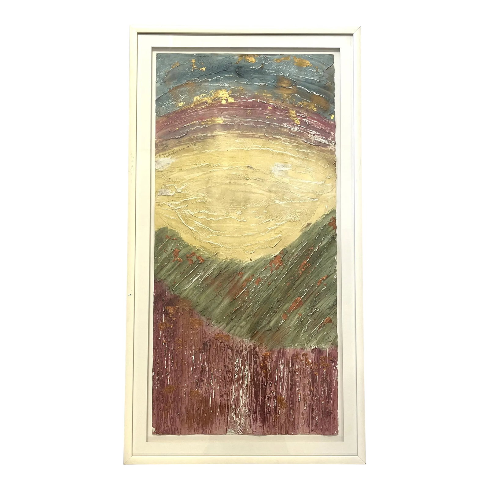 Original Becky Sansing (American, 20th Century) Framed Mixed Media Art Titled Brilliance III: Splendid large mixed media artwork by Becky Sansing (American, 20th Century). The organic abstraction is done on handmade paper in layers of thick textured paint. It is signed and titled along the