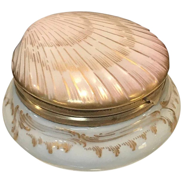 Late 19th Century Kpm Shell and Flower Motif Cabinet or Patch Box: KPM shell and flower motif cabinet or patch box, The top realistically modelled as a clam shell, the interior revealing painted florals, and the blue underglaze sceptre mark, joined with gilt bronze