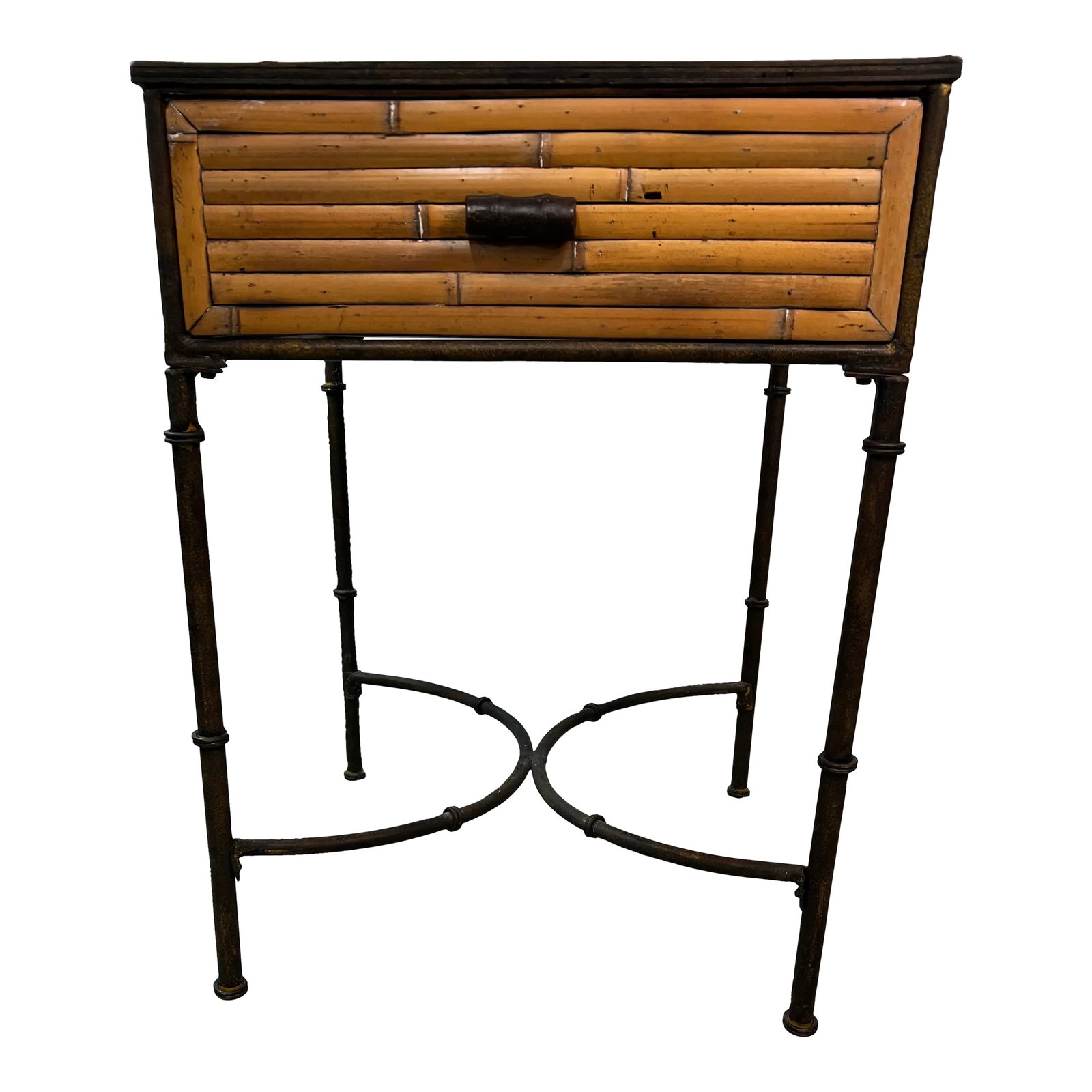 Vintage Split Bamboo Table With Giacometti Style Metal Legs: Vintage split bamboo table with faux bamboo metal legs. In Giacometti style. Excellent size for drink table. Draw is large enough to keep clutter out of sight. Table measures 18" square x 25" h.