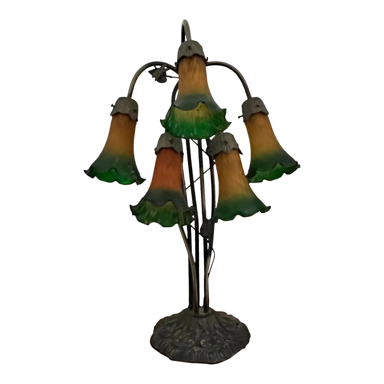 Vintage Five Light Trumpet Shade Lamp: Exceptionally well cared for trumpet shade lamp with five lights. Each shade is amber graduating to green on the ends. The bronze finish base (8" diameter)has a baroque design with a branch holding