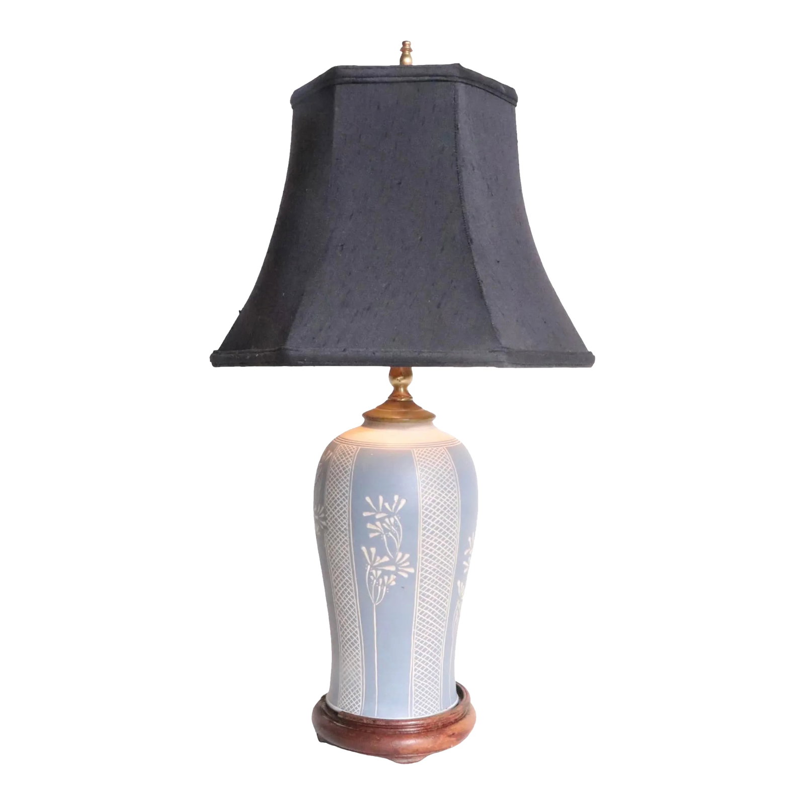Art Pottery Country Style Stoneware Table Lamp: Charming stoneware table lamp having a cross hatch and foliate surface, executed in the sgraffito style. The lamp has a light gray ground with light blue gray overlay. Very good, original, clean and