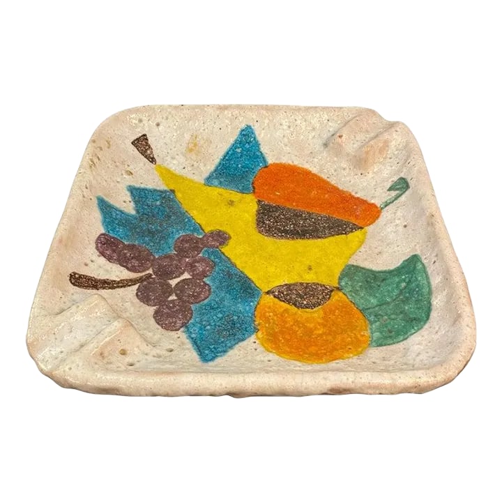 1960s Italian Midcentury Modern Abstract Lava Glaze Ashtray by Raymor: Large, Italian, midcentury modern, art pottery ashtray by Raymor features a painted, multicolor, abstract fruit arrangement.. The tray has a lava glaze technique which gives the surface a smooth yet